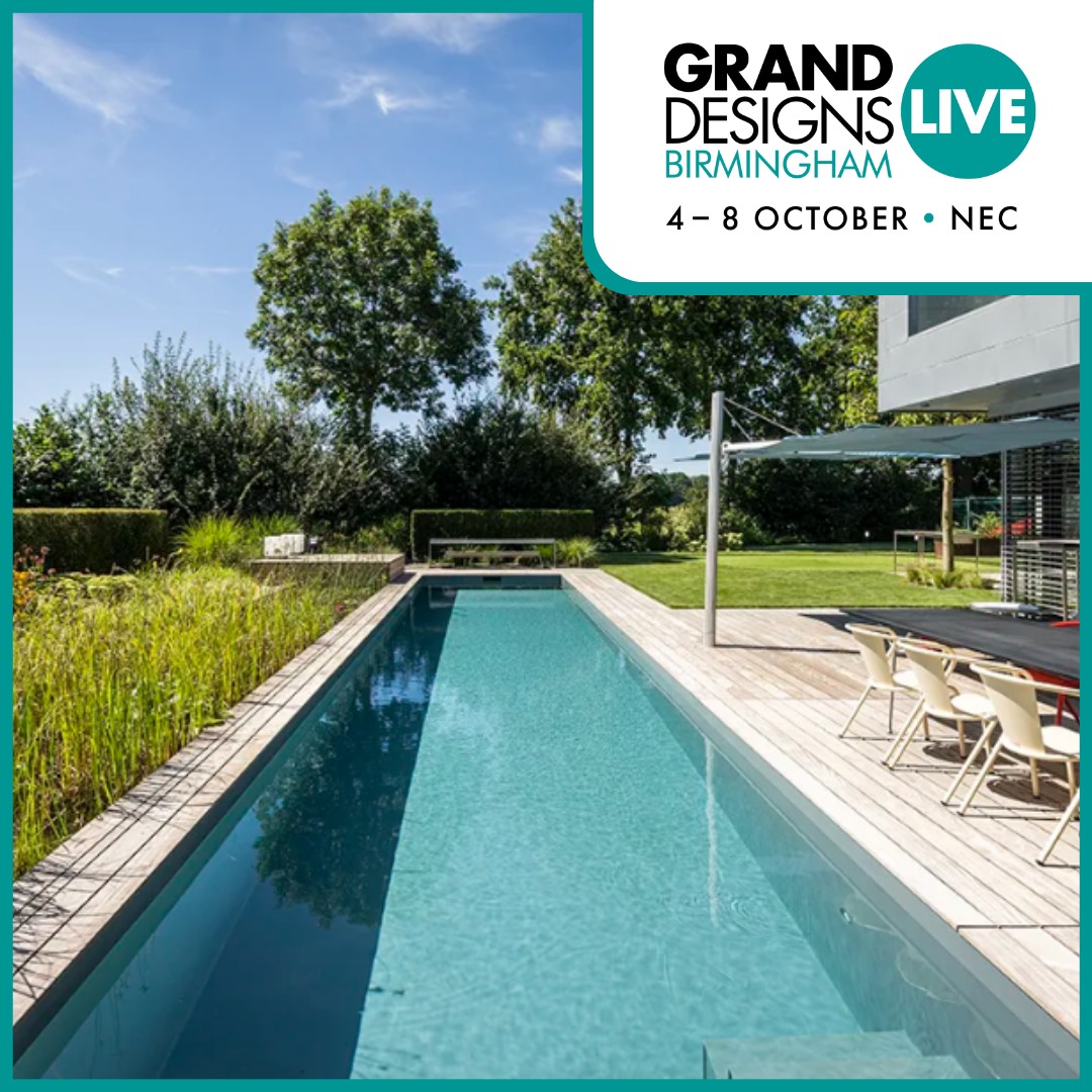An image for Grand Designs Live featuring a pool and the Grand Designs logo